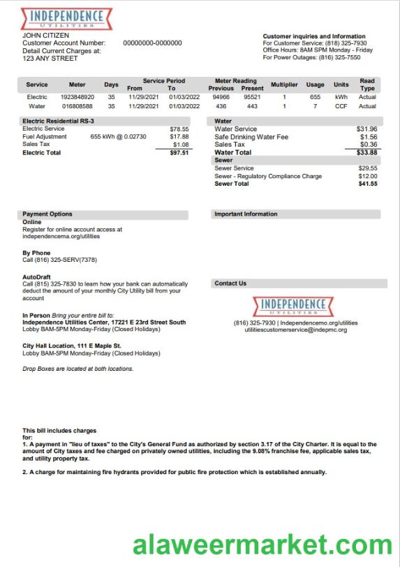 USA Missouri Independence Utilities utility bill template in Word and PDF format, version 2